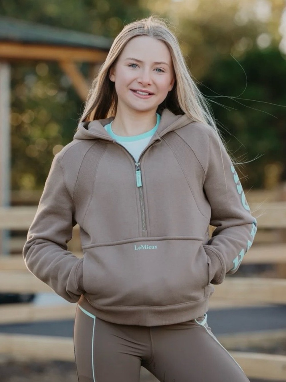 LeMieux Equestrian Taupe Half-Zip Hoodie with Mint Trim - Harlow Young Rider